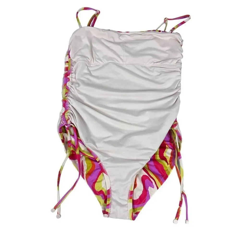 SANCTUARY Women's Neon Swirl Ruched-Side Swimsuit size Medium